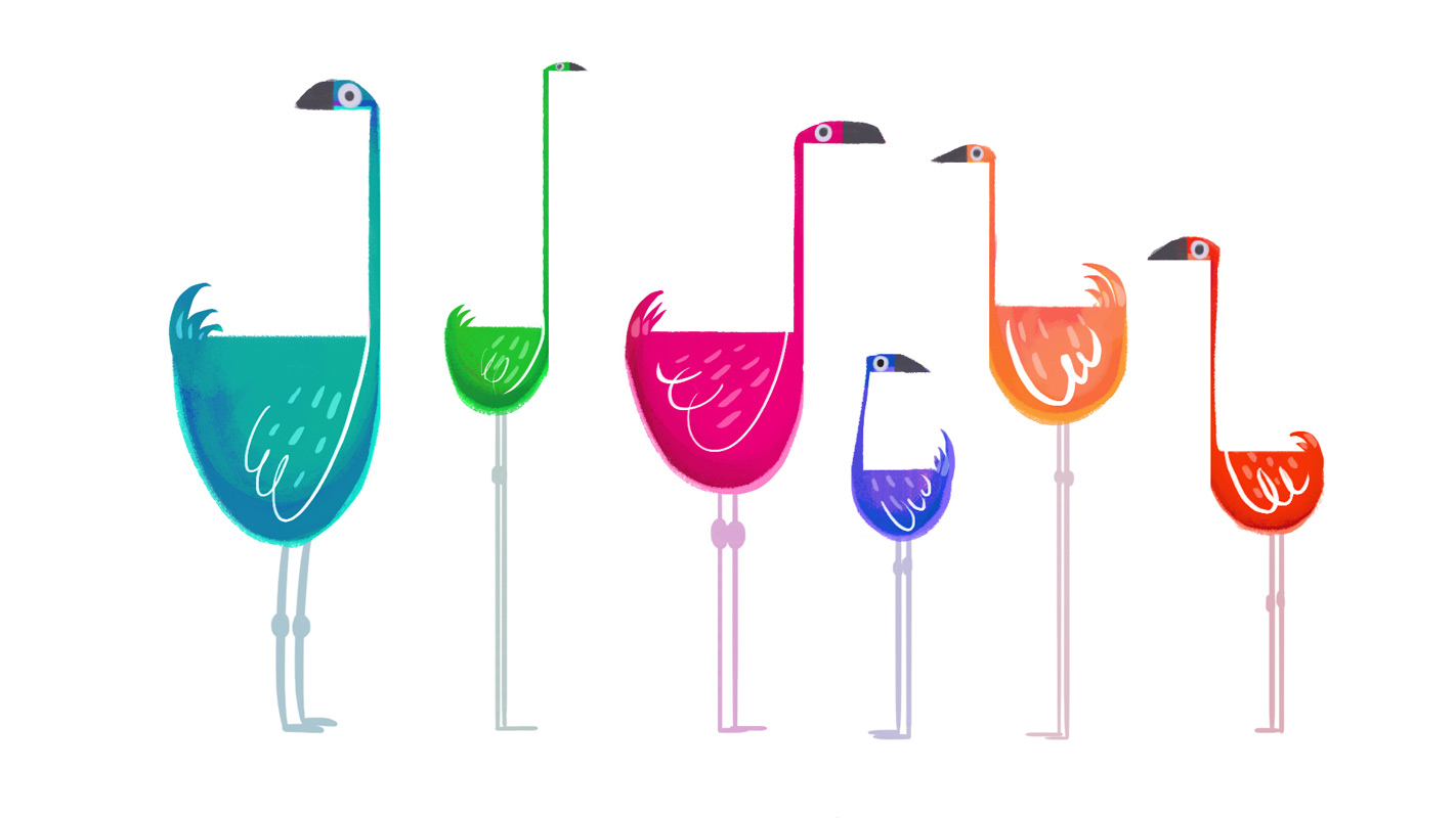A row of brightly coloured flamingoes in various colours and sizes.