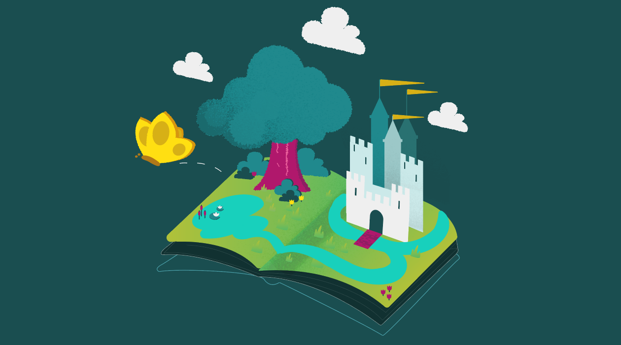 An illustration of an open fairytale book