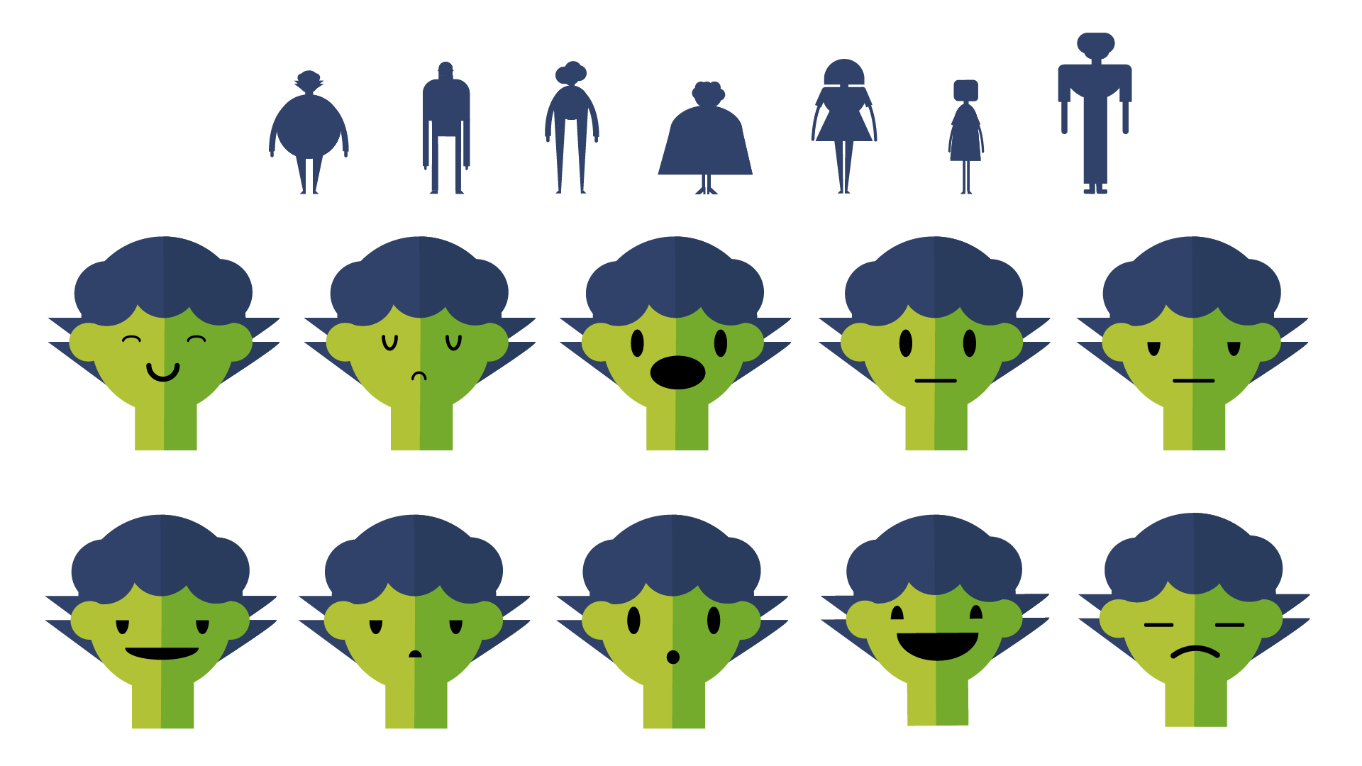 A sheet with a small line up of silhouetted characters, followed by 10 versions of the same head showing different expressions.