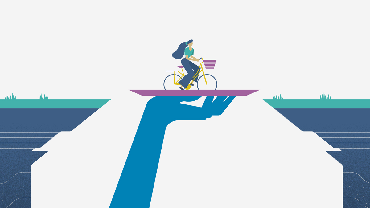 A large hand is carrying a girl on her bike across a chasm.